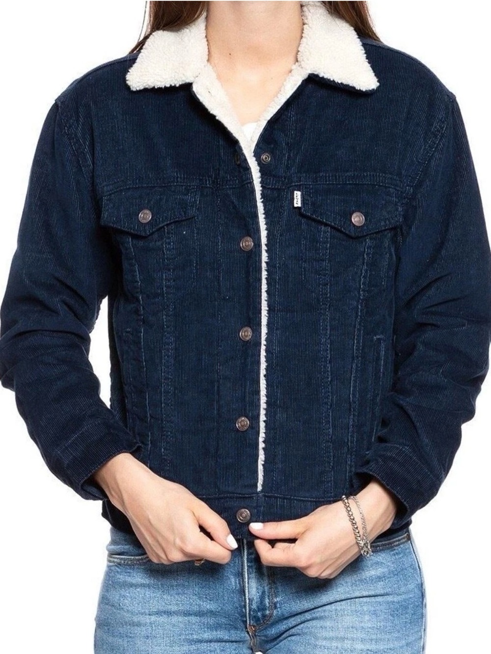 Levi’s Premium Sherpa Corduroy Trucker Jacket Blue Western Rancher Chore M E16